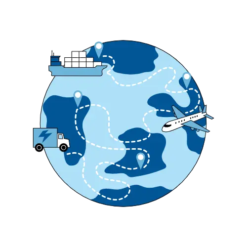 A globe with a cargo ship, airplane, and delivery truck, connected by dotted lines, representing global transportation and logistics